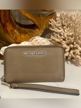 Michael Kors Taupe Saffiano Zip Wristlet